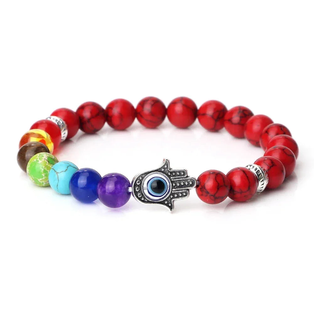 🧿 7 Chakra Protection Bracelet for Men: Natural Tiger Eye & Lava Stone with Evil Eye & Hamsa Hand – Anxiety Relief, Luck & Energy Healing Bangle Red