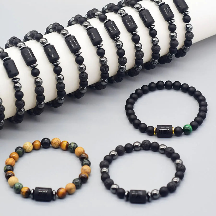 ✨ 12 Zodiac Sign Bracelet Homme – Natural Yellow Tiger Eye Stone & Hematite Constellation Bangle – Cancer, Taurus, Libra Astrology Bracelet for Women