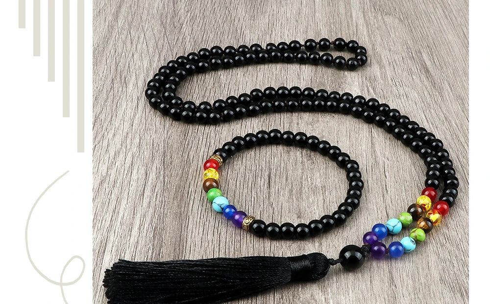 🌑 Black Onyx & 7 Chakra Mala: Shiny/Matte 108 Bead Necklace & Wrap Bracelet – Grounding, Protection & Anxiety Relief Meditation Rosary