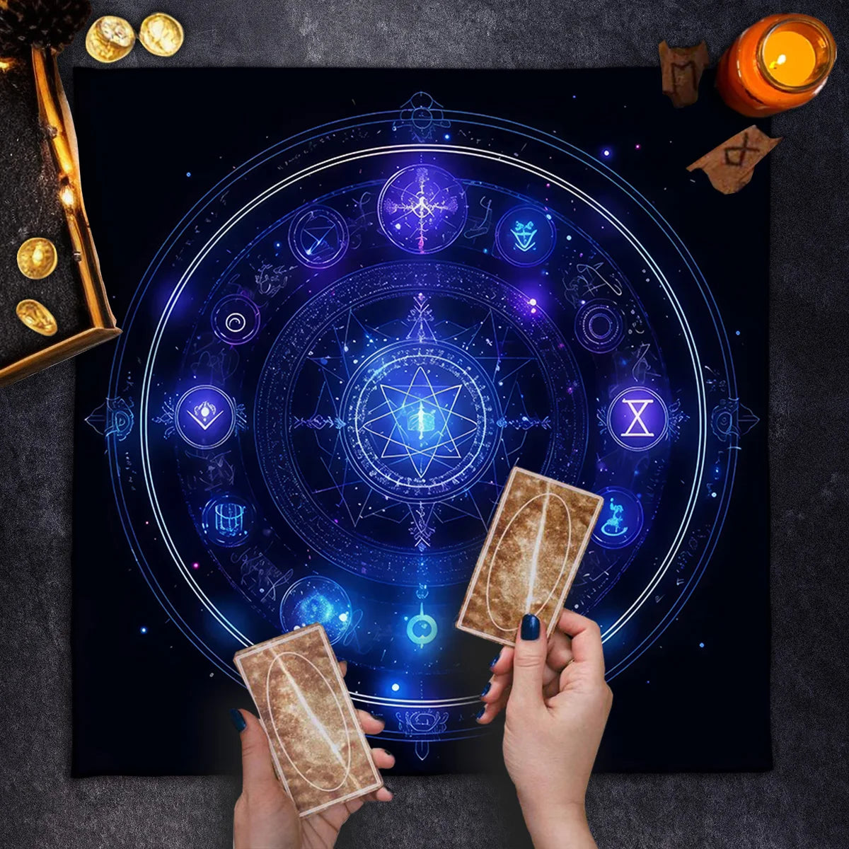 🌌Divination With Tarot Tablecloth | Cosmic Star Astrology Decorated Altar Cloth – Rune & Astrology Oracle Board Game Mat