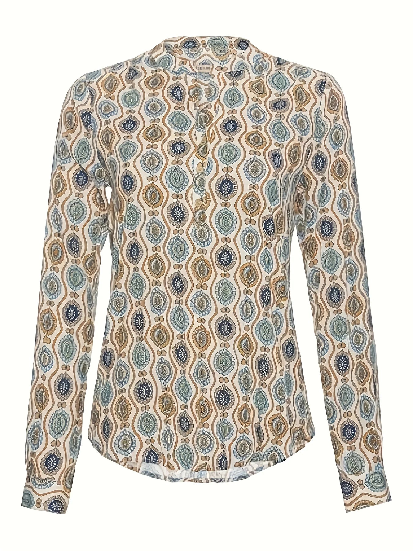 Boho Graphic Print Blouse, V Neck Long Sleeve Blouse, Women's Long Sleeve Cowl Neck Form Fitting Casual Tunic Top Blouse