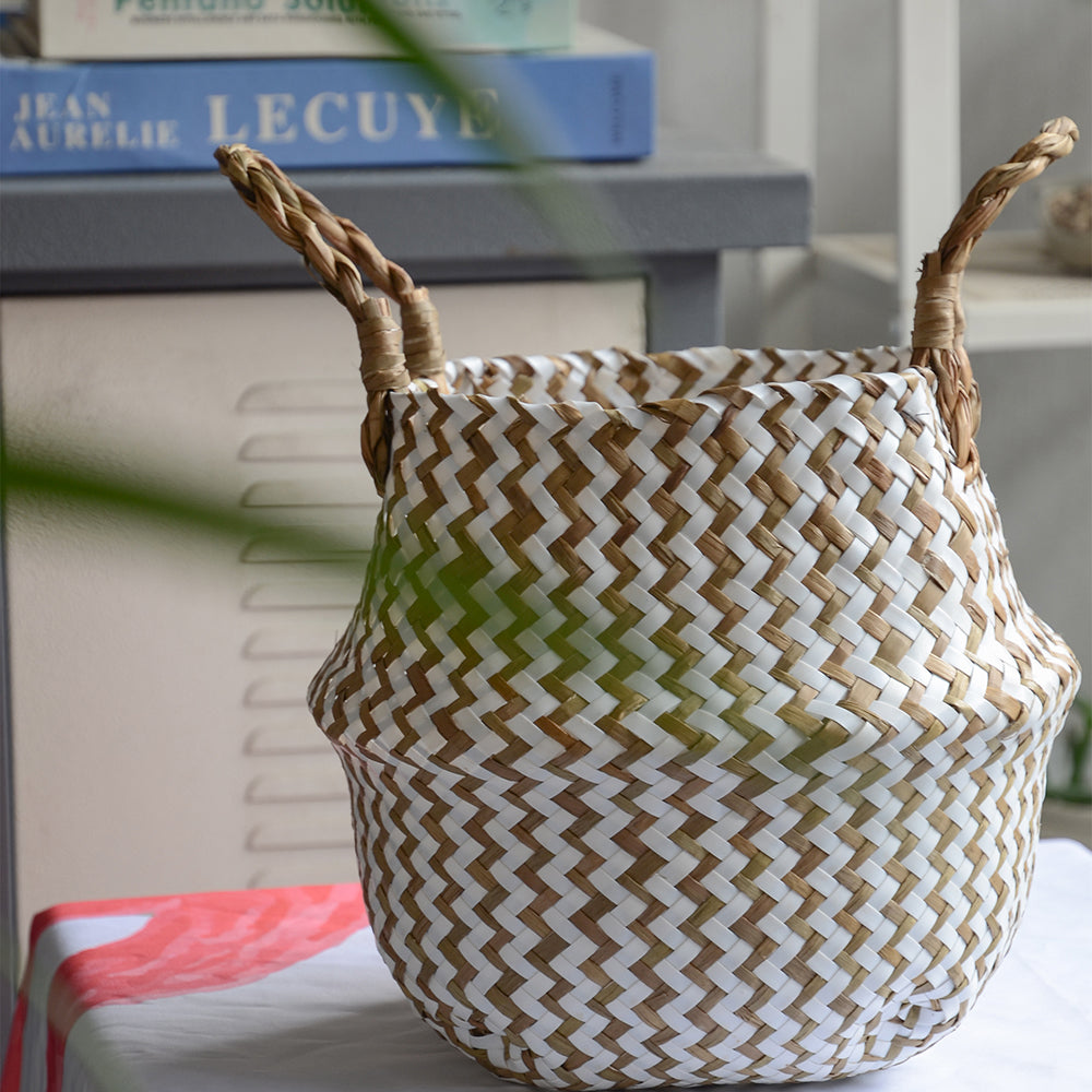 Handmade Boho Striped Wicker Storage Baskets – Collapsible Laundry & Garden Flower Pot Baskets with Patchwork Design