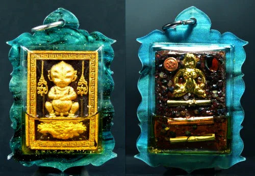 🪬 Si Hu Ha Ta Black “Fate Booster” Amulet – Jet-Black Mystic Powder with Gem Chips & Fortune Takrud, Oil-Encased by Kruba Tao, Wat Thung Setthi (Ubosot Ban Lao)