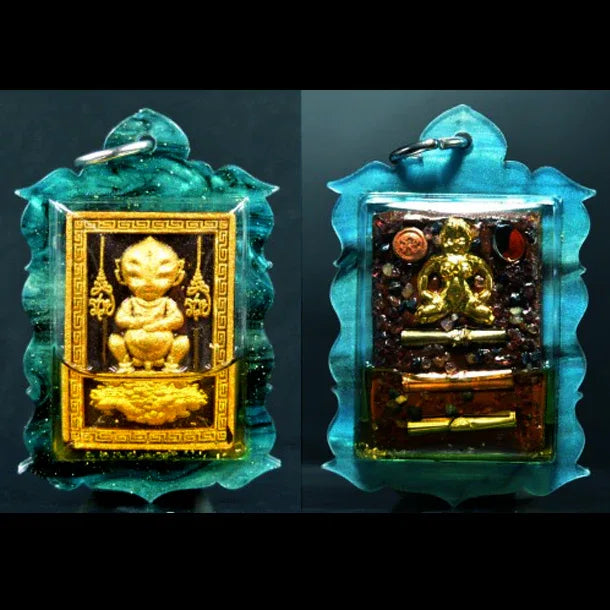 🪬 Si Hu Ha Ta Black “Fate Booster” Amulet – Jet-Black Mystic Powder with Gem Chips & Fortune Takrud, Oil-Encased by Kruba Tao, Wat Thung Setthi (Ubosot Ban Lao)