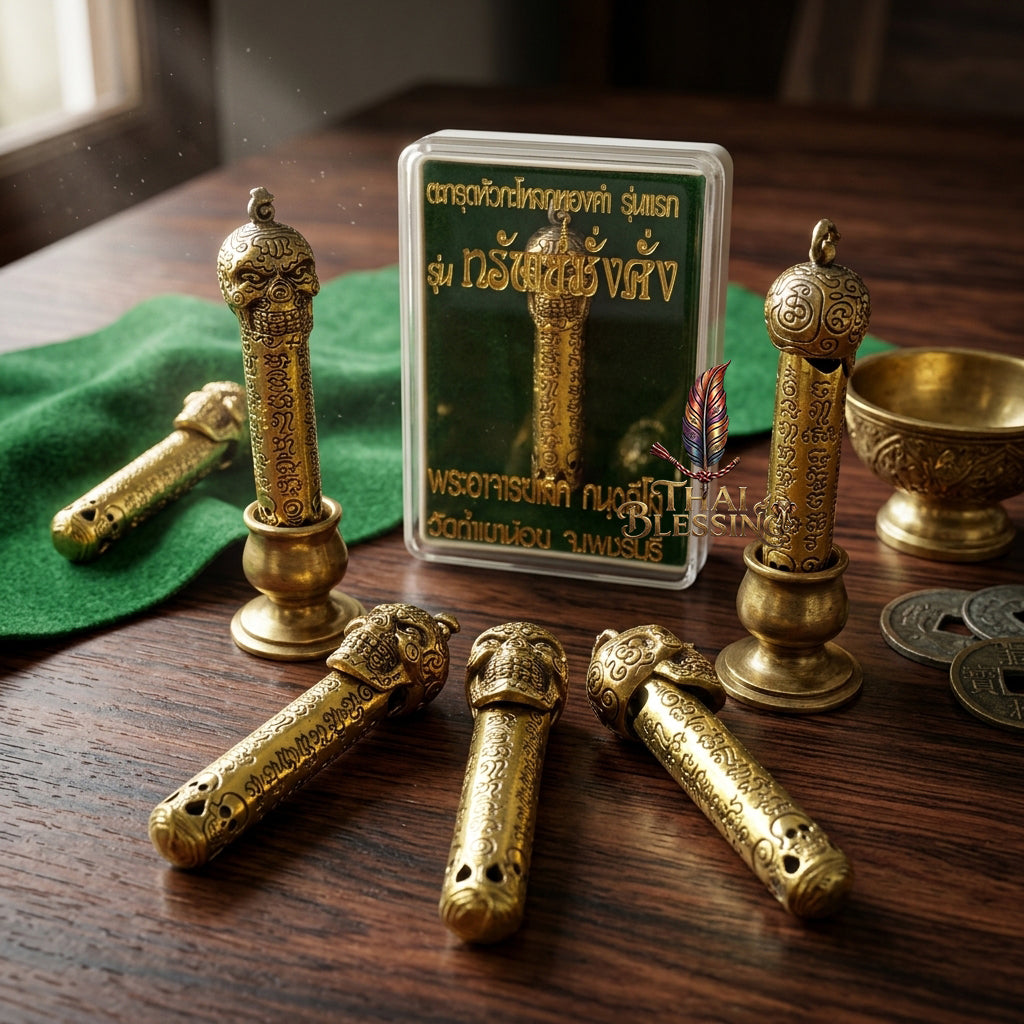 🔱 Takrut & Pendant Hua Kaholok Thong Kham "Sap Mangkang": The Sovereign Skull of Golden Truth – Phra Ajarn Lek (Wat Tham Khao Noi) – The Ultimate Occult Catalyst for Infinite Wealth, Absolute Authority & Hypnotic Fascination! Takrut Premium Brass
