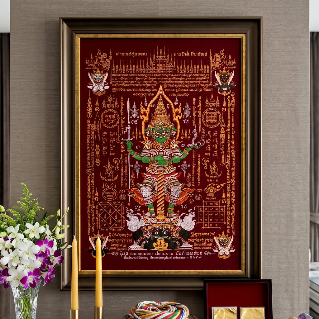 ✨🛡️👑 Authentic Thai Amulet Sovereign Treasury Guardian Banner - Thao Wessuwan Victory Overlord Grid (30x45 cm), Ruan Phra Phetchalukan Consecrated Edition