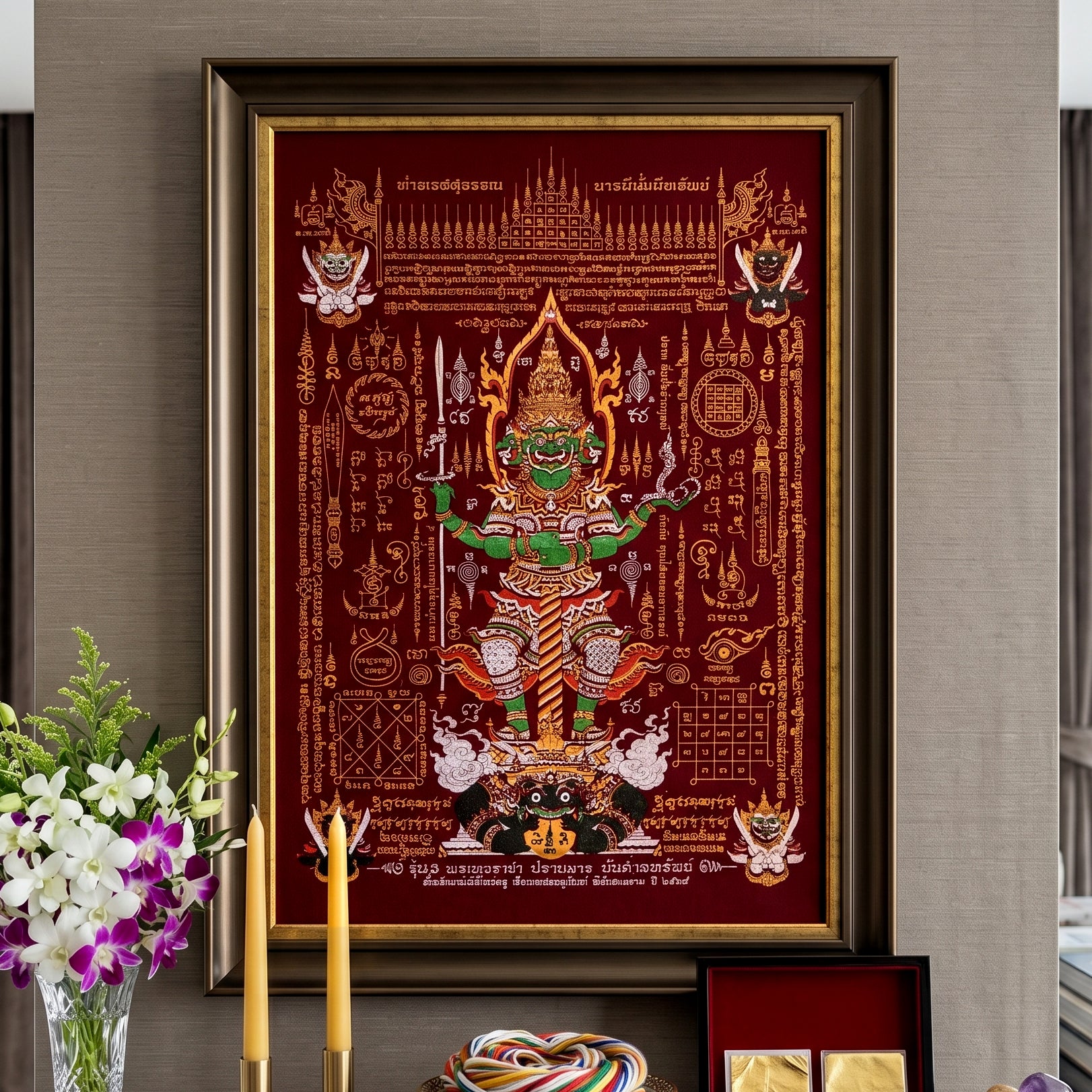 ✨🛡️👑 Authentic Thai Amulet Sovereign Treasury Guardian Banner - Thao Wessuwan Victory Overlord Grid (30x45 cm), Ruan Phra Phetchalukan Consecrated Edition