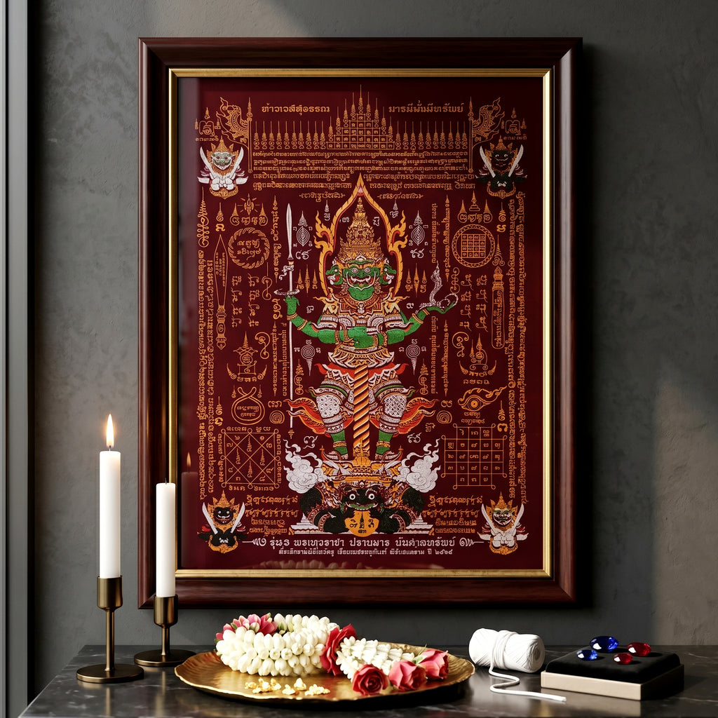 ✨🛡️👑 Authentic Thai Amulet Sovereign Treasury Guardian Banner - Thao Wessuwan Victory Overlord Grid (30x45 cm), Ruan Phra Phetchalukan Consecrated Edition