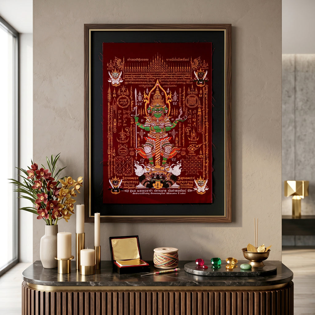 ✨🛡️👑 Authentic Thai Amulet Sovereign Treasury Guardian Banner - Thao Wessuwan Victory Overlord Grid (30x45 cm), Ruan Phra Phetchalukan Consecrated Edition