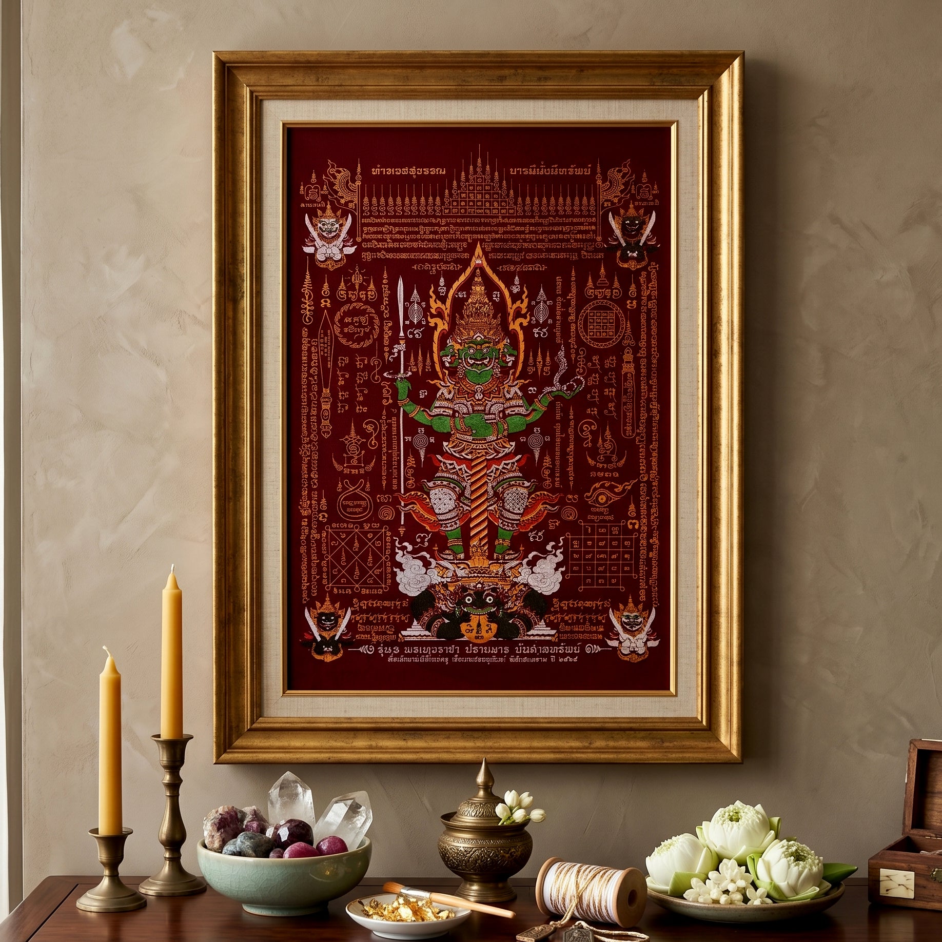 ✨🛡️👑 Authentic Thai Amulet Sovereign Treasury Guardian Banner - Thao Wessuwan Victory Overlord Grid (30x45 cm), Ruan Phra Phetchalukan Consecrated Edition
