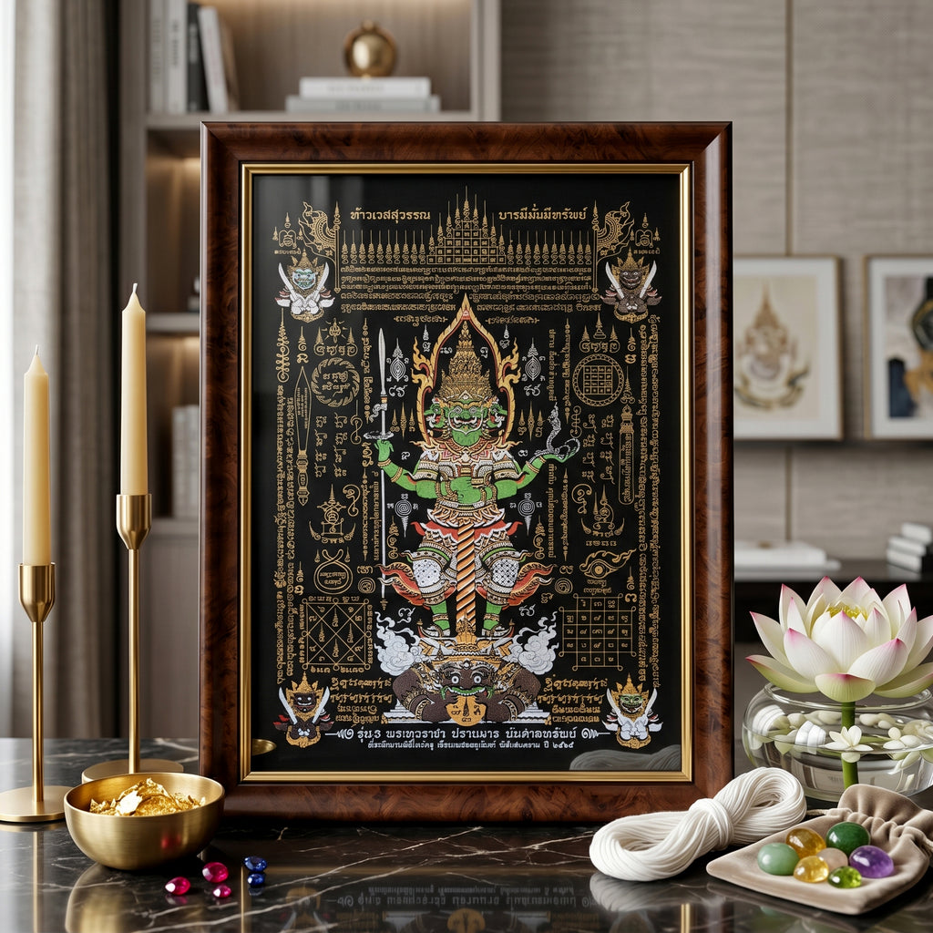✨🛡️👑 Authentic Thai Amulet Sovereign Treasury Guardian Banner - Thao Wessuwan Victory Overlord Grid (30x45 cm), Ruan Phra Phetchalukan Consecrated Edition