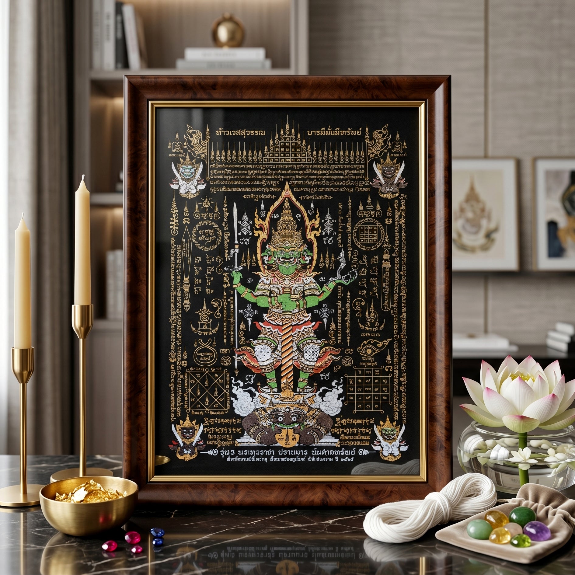 ✨🛡️👑 Authentic Thai Amulet Sovereign Treasury Guardian Banner - Thao Wessuwan Victory Overlord Grid (30x45 cm), Ruan Phra Phetchalukan Consecrated Edition