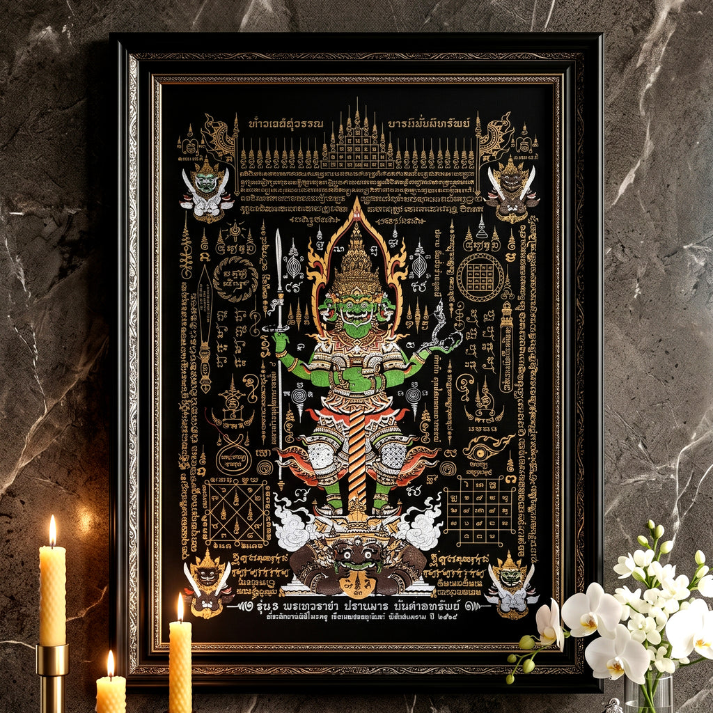 ✨🛡️👑 Authentic Thai Amulet Sovereign Treasury Guardian Banner - Thao Wessuwan Victory Overlord Grid (30x45 cm), Ruan Phra Phetchalukan Consecrated Edition