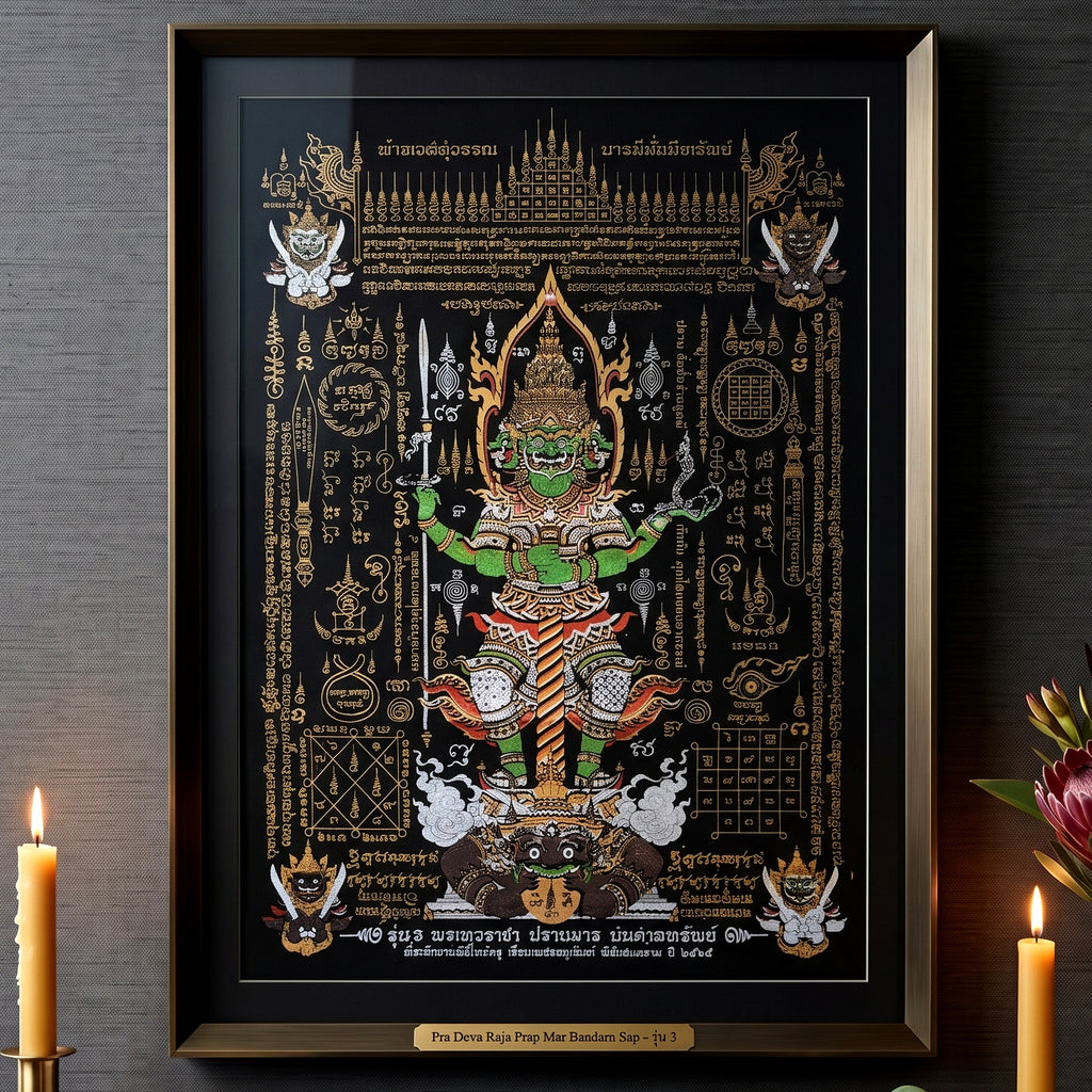✨🛡️👑 Authentic Thai Amulet Sovereign Treasury Guardian Banner - Thao Wessuwan Victory Overlord Grid (30x45 cm), Ruan Phra Phetchalukan Consecrated Edition