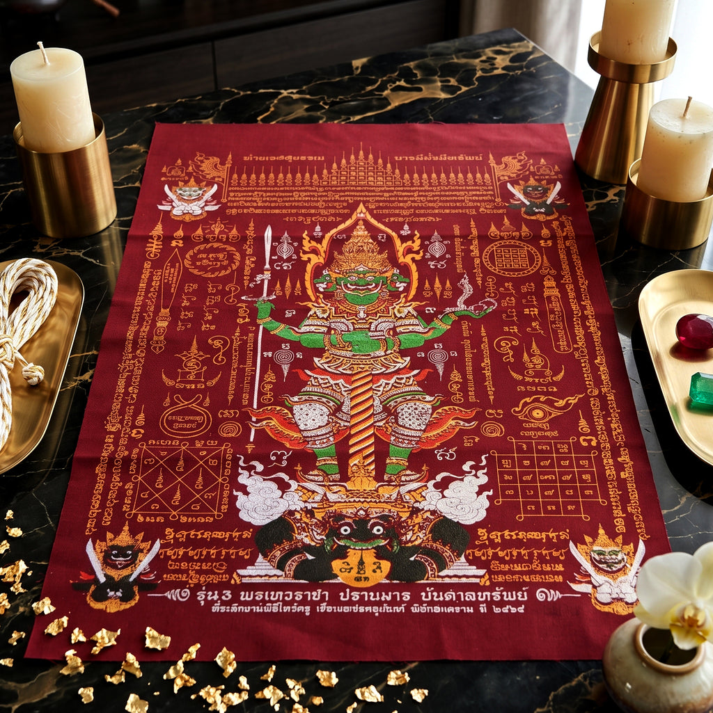 ✨🛡️👑 Authentic Thai Amulet Sovereign Treasury Guardian Banner - Thao Wessuwan Victory Overlord Grid (30x45 cm), Ruan Phra Phetchalukan Consecrated Edition