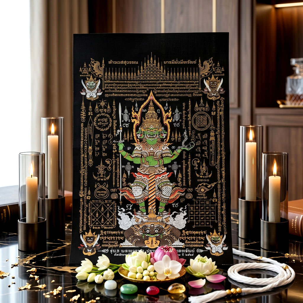 ✨🛡️👑 Authentic Thai Amulet Sovereign Treasury Guardian Banner - Thao Wessuwan Victory Overlord Grid (30x45 cm), Ruan Phra Phetchalukan Consecrated Edition