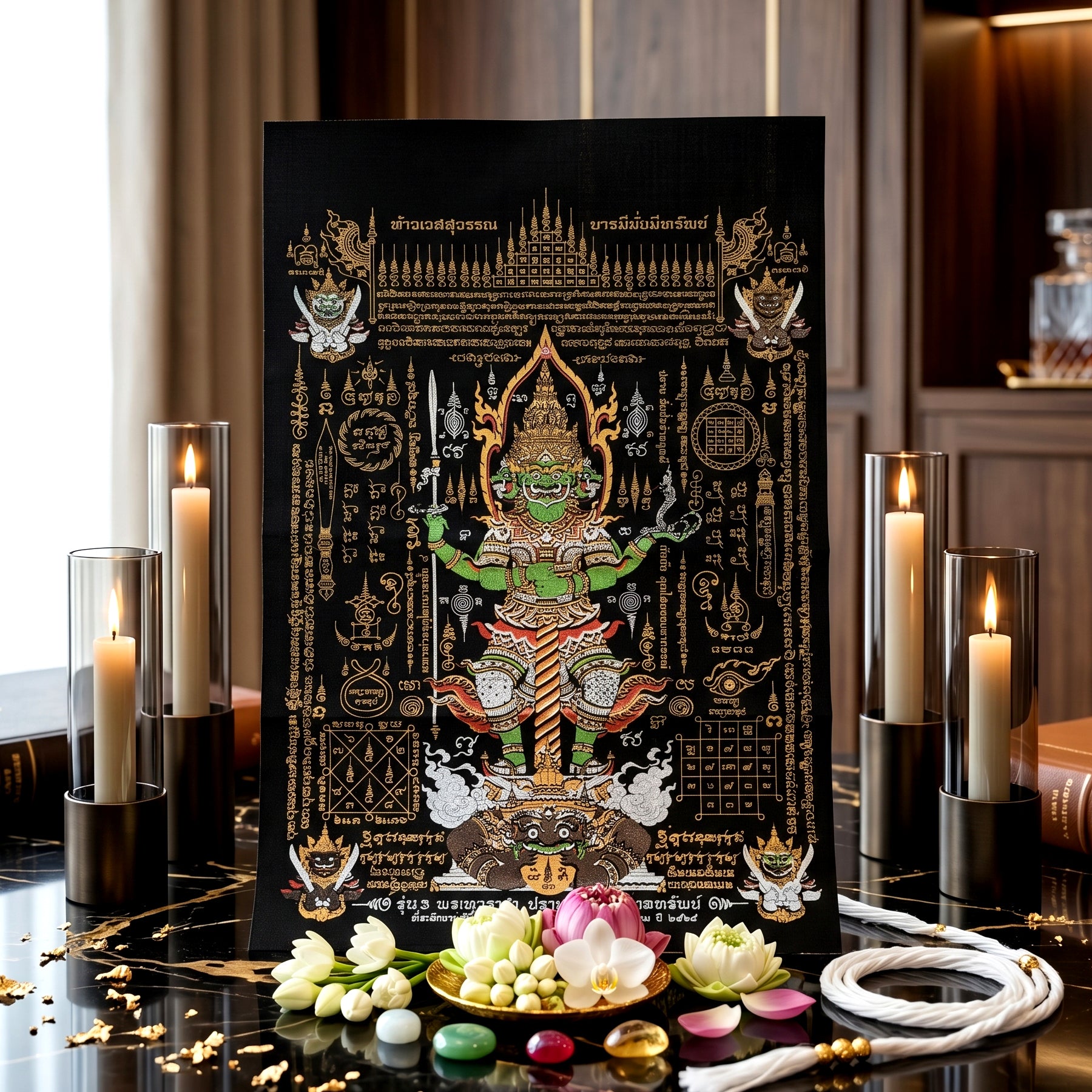 ✨🛡️👑 Authentic Thai Amulet Sovereign Treasury Guardian Banner - Thao Wessuwan Victory Overlord Grid (30x45 cm), Ruan Phra Phetchalukan Consecrated Edition