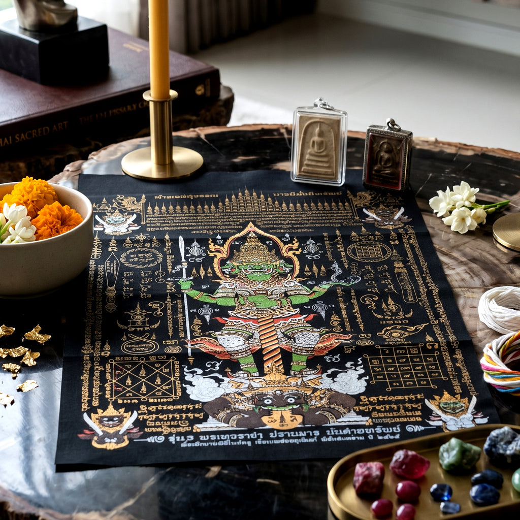 ✨🛡️👑 Authentic Thai Amulet Sovereign Treasury Guardian Banner - Thao Wessuwan Victory Overlord Grid (30x45 cm), Ruan Phra Phetchalukan Consecrated Edition