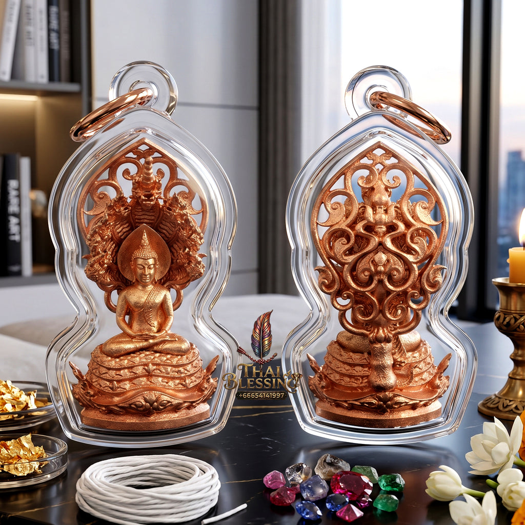 ✨🐍💰 Authentic Thai Amulet Sovereign Naga Canopy Node - White Bronze & Lek Lai Phra Phut Mucalinda, 2014 Executive Micro-Sculpture