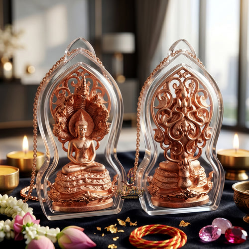 ✨🐍💰 Authentic Thai Amulet Sovereign Naga Canopy Node - White Bronze & Lek Lai Phra Phut Mucalinda, 2014 Executive Micro-Sculpture Waterproof frame