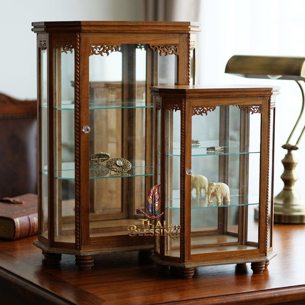 🔱 Handcrafted Miniature Royal Golden Teakwood 8-Octagonal Thai Pattern Display Cabinet: Authentic Lanna Relief Accents – Compact 3-Tier Protective Showcase – Premium Insect-Resistant Solid Teak Masterpiece!