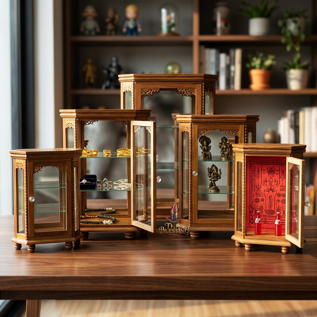 🔱 Handcrafted Miniature Royal Golden Teakwood 8-Octagonal Thai Pattern Display Cabinet: Authentic Lanna Relief Accents – Compact 3-Tier Protective Showcase – Premium Insect-Resistant Solid Teak Masterpiece!