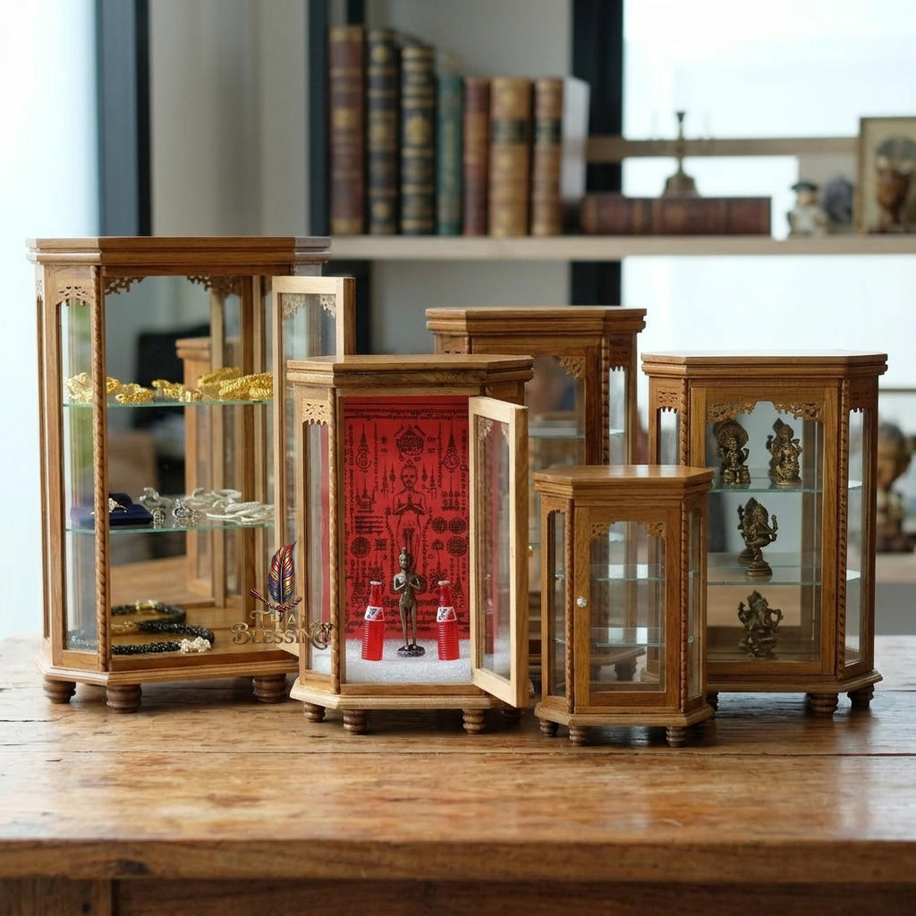 🔱 Handcrafted Miniature Royal Golden Teakwood 8-Octagonal Thai Pattern Display Cabinet: Authentic Lanna Relief Accents – Compact 3-Tier Protective Showcase – Premium Insect-Resistant Solid Teak Masterpiece!