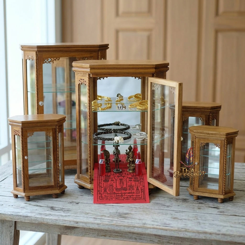 🔱 Handcrafted Miniature Royal Golden Teakwood 8-Octagonal Thai Pattern Display Cabinet: Authentic Lanna Relief Accents – Compact 3-Tier Protective Showcase – Premium Insect-Resistant Solid Teak Masterpiece!