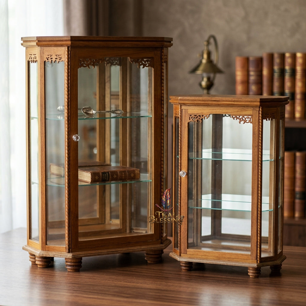 🔱 Handcrafted Miniature Royal Golden Teakwood 8-Octagonal Thai Pattern Display Cabinet: Authentic Lanna Relief Accents – Compact 3-Tier Protective Showcase – Premium Insect-Resistant Solid Teak Masterpiece!