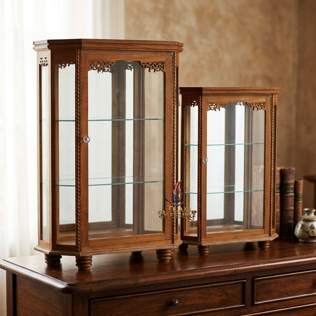 🔱 Handcrafted Miniature Royal Golden Teakwood 8-Octagonal Thai Pattern Display Cabinet: Authentic Lanna Relief Accents – Compact 3-Tier Protective Showcase – Premium Insect-Resistant Solid Teak Masterpiece!