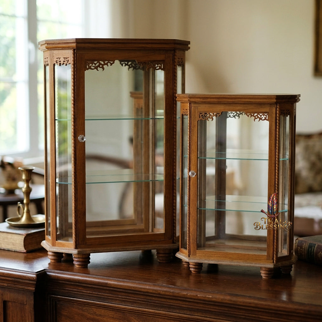 🔱 Handcrafted Miniature Royal Golden Teakwood 8-Octagonal Thai Pattern Display Cabinet: Authentic Lanna Relief Accents – Compact 3-Tier Protective Showcase – Premium Insect-Resistant Solid Teak Masterpiece!