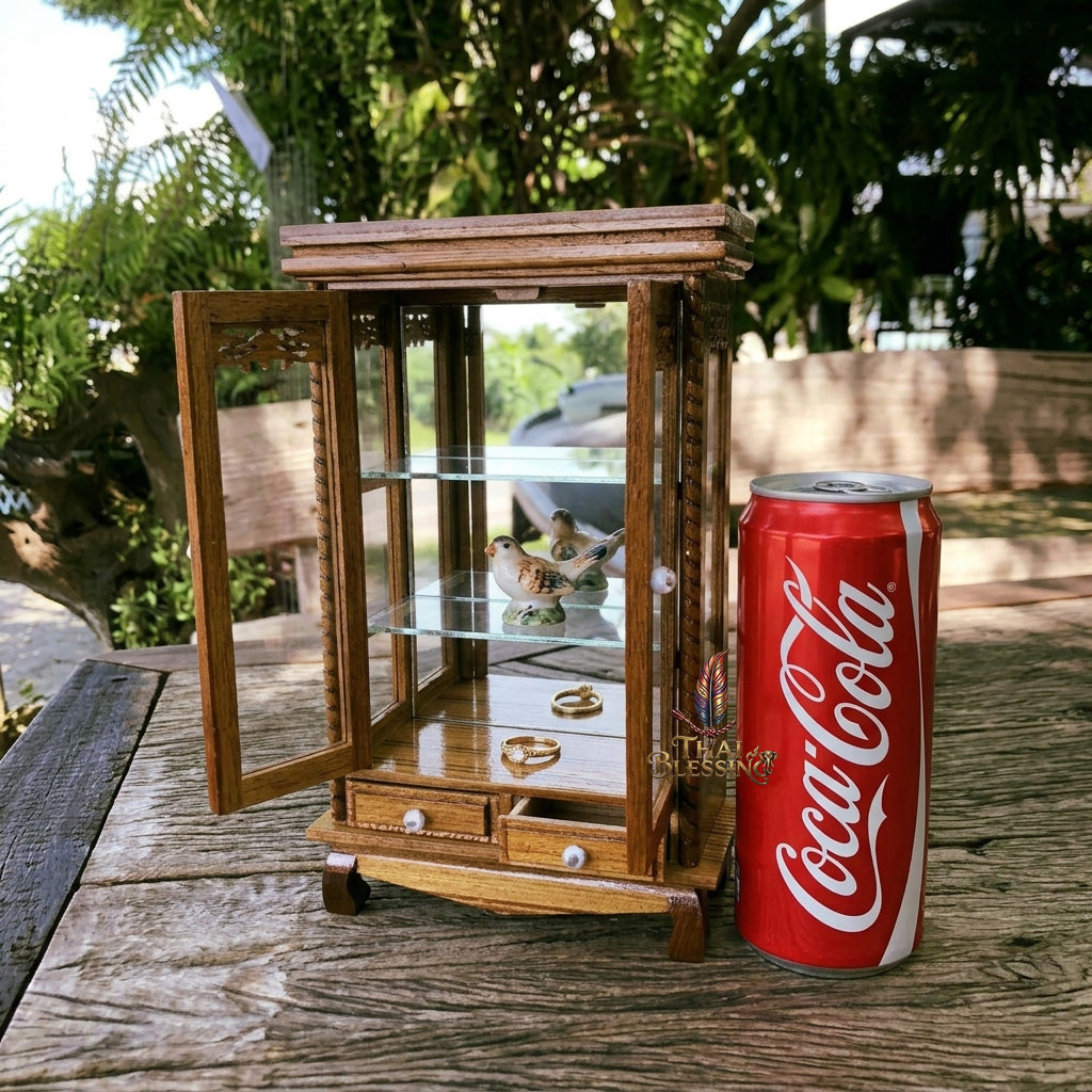 🔱 Handcrafted Miniature Antique Rectangular Golden Teakwood Thai Pattern Showcase: Twin-Door Access – Infinite Optical Mirror-Back Matrix – Premium Insect-Resistant Solid Teak Masterpiece!