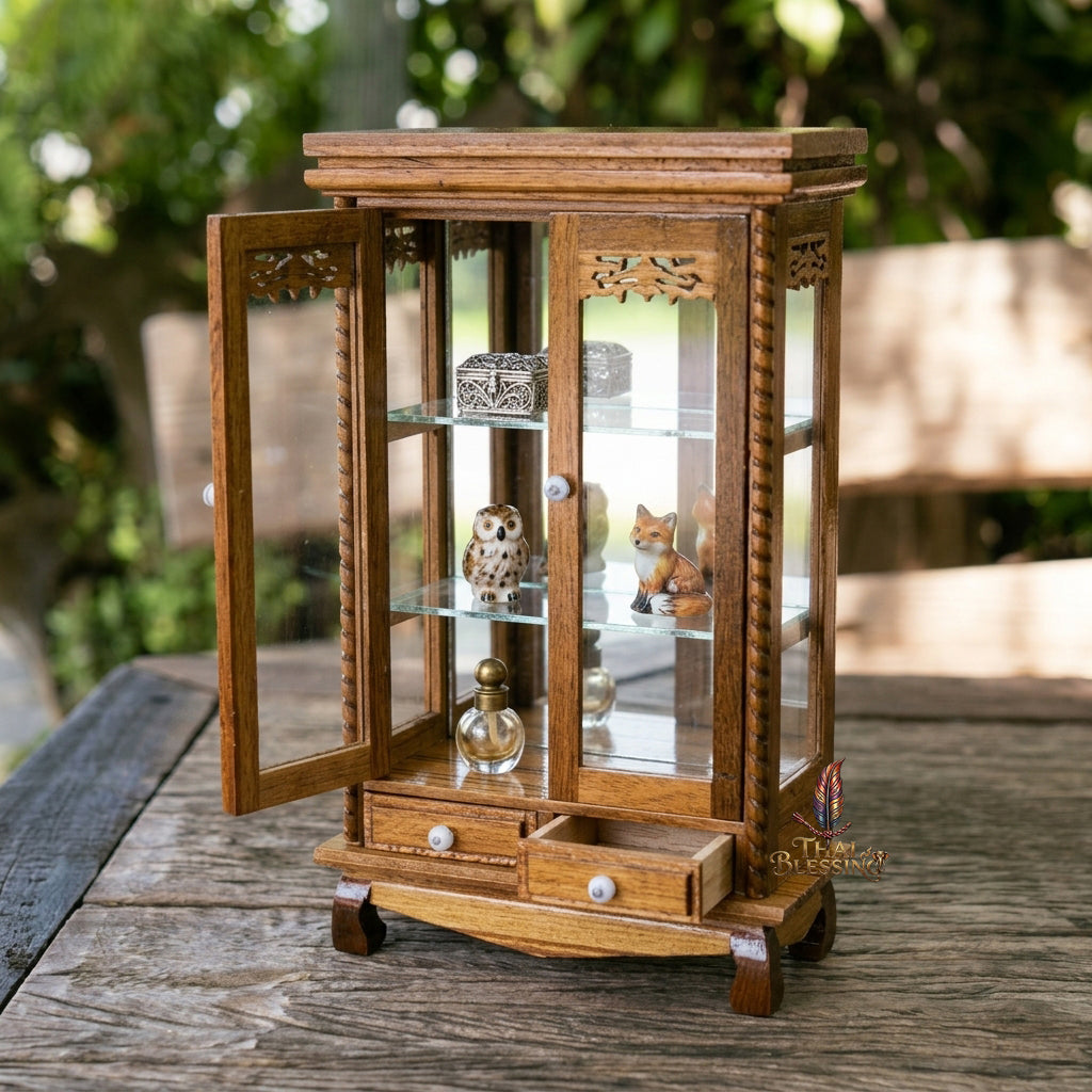 🔱 Handcrafted Miniature Antique Rectangular Golden Teakwood Thai Pattern Showcase: Twin-Door Access – Infinite Optical Mirror-Back Matrix – Premium Insect-Resistant Solid Teak Masterpiece!