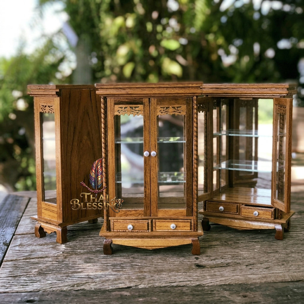 🔱 Handcrafted Miniature Antique Rectangular Golden Teakwood Thai Pattern Showcase: Twin-Door Access – Infinite Optical Mirror-Back Matrix – Premium Insect-Resistant Solid Teak Masterpiece!