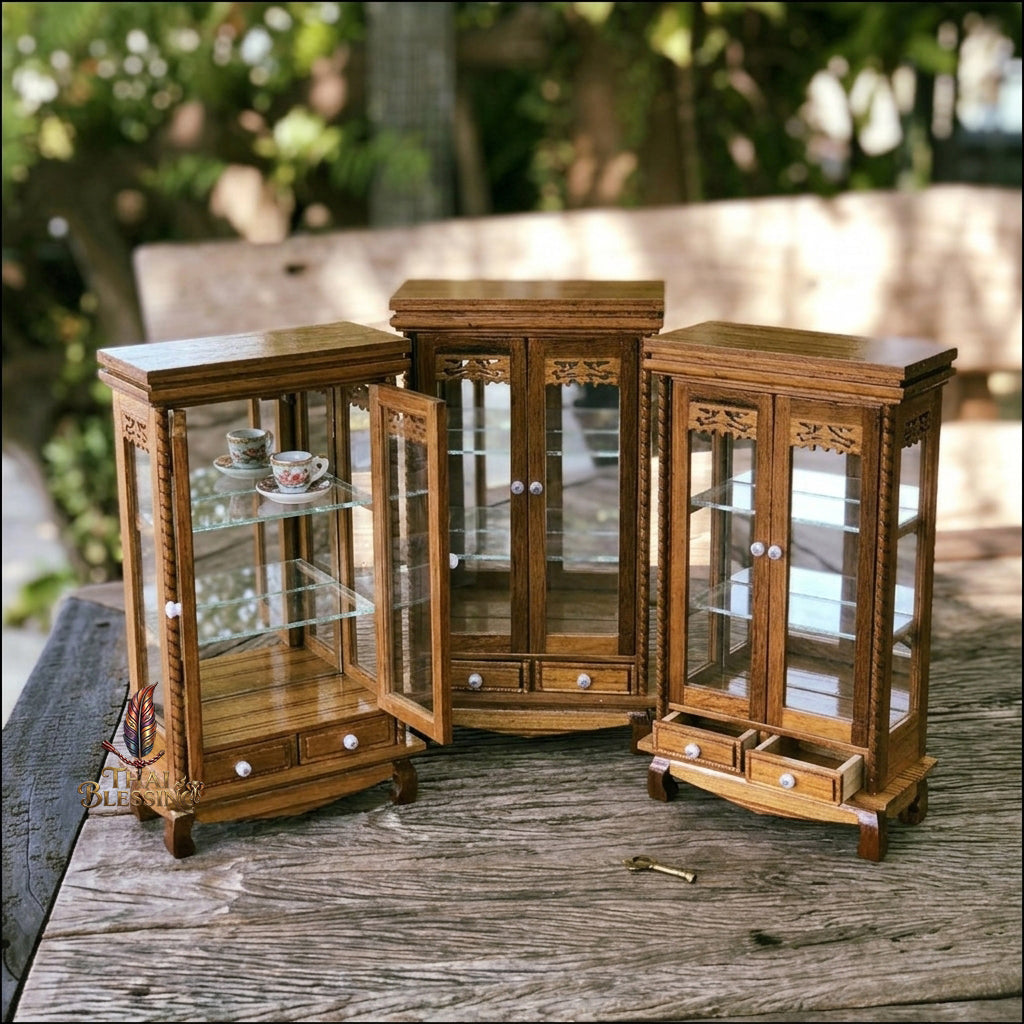 🔱 Handcrafted Miniature Antique Rectangular Golden Teakwood Thai Pattern Showcase: Twin-Door Access – Infinite Optical Mirror-Back Matrix – Premium Insect-Resistant Solid Teak Masterpiece!