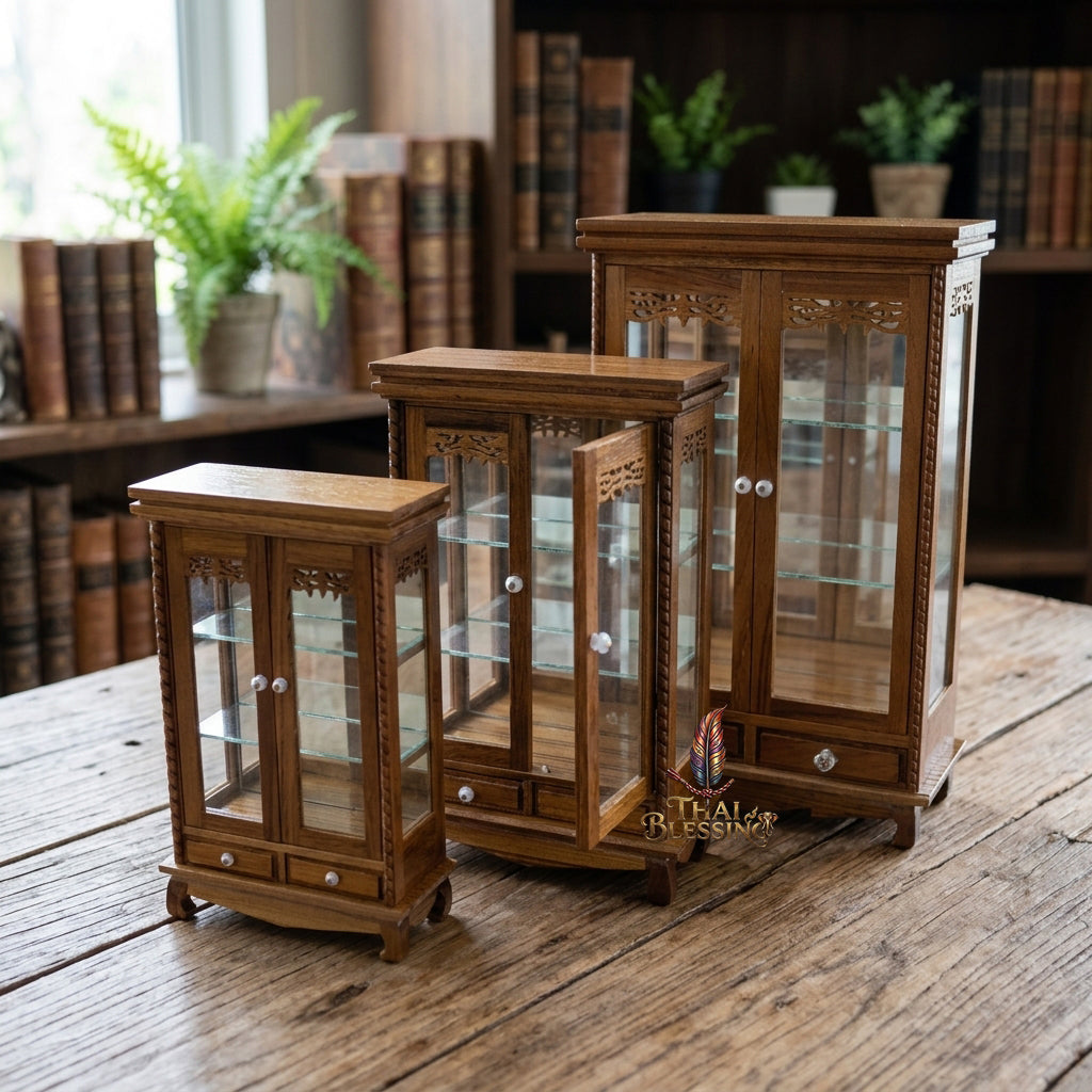 🔱 Handcrafted Miniature Antique Rectangular Golden Teakwood Thai Pattern Showcase: Twin-Door Access – Infinite Optical Mirror-Back Matrix – Premium Insect-Resistant Solid Teak Masterpiece!