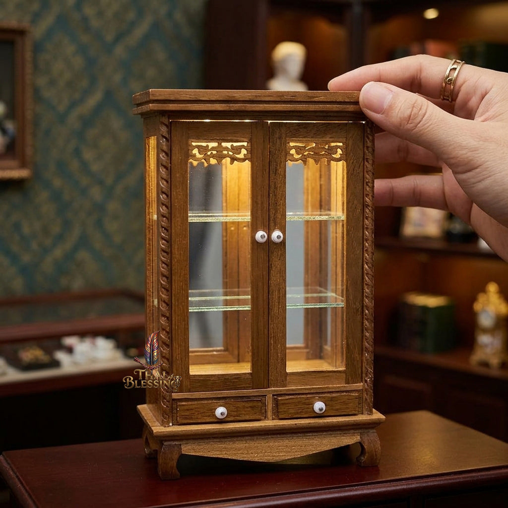 🔱 Handcrafted Miniature Antique Rectangular Golden Teakwood Thai Pattern Showcase: Twin-Door Access – Infinite Optical Mirror-Back Matrix – Premium Insect-Resistant Solid Teak Masterpiece!