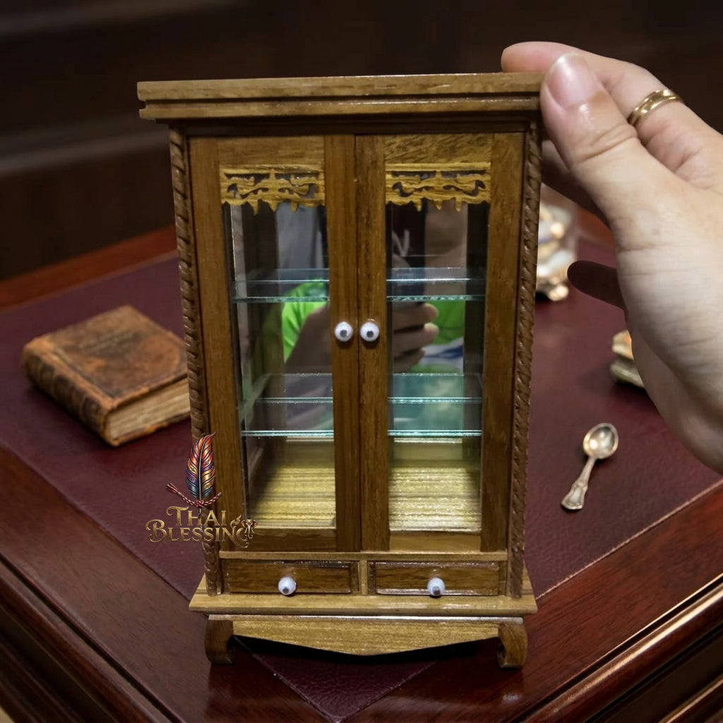 🔱 Handcrafted Miniature Antique Rectangular Golden Teakwood Thai Pattern Showcase: Twin-Door Access – Infinite Optical Mirror-Back Matrix – Premium Insect-Resistant Solid Teak Masterpiece!