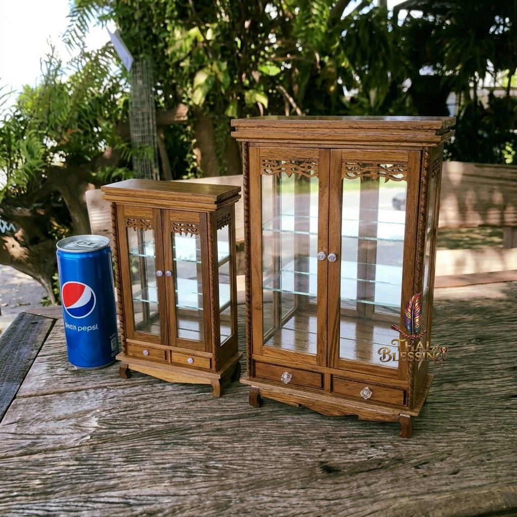 🔱 Handcrafted Miniature Antique Rectangular Golden Teakwood Thai Pattern Showcase: Twin-Door Access – Infinite Optical Mirror-Back Matrix – Premium Insect-Resistant Solid Teak Masterpiece!