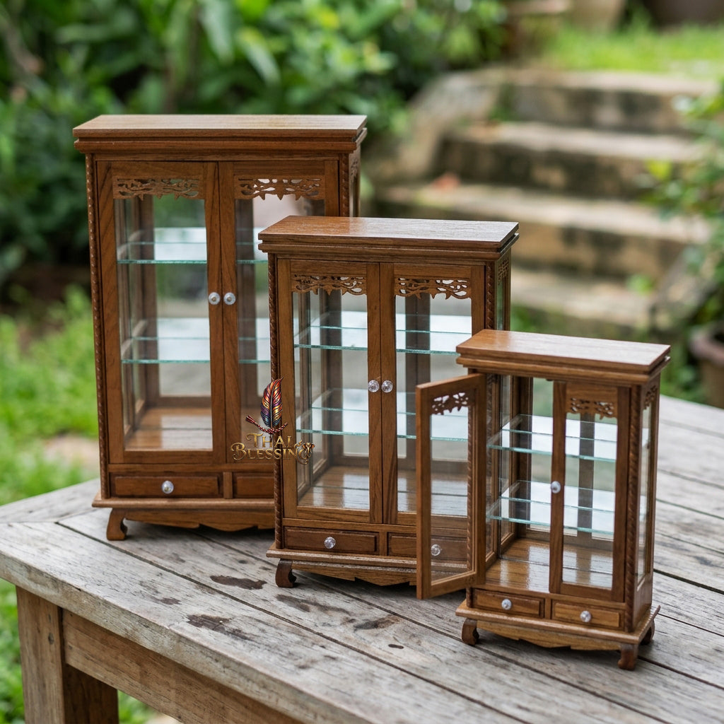 🔱 Handcrafted Miniature Antique Rectangular Golden Teakwood Thai Pattern Showcase: Twin-Door Access – Infinite Optical Mirror-Back Matrix – Premium Insect-Resistant Solid Teak Masterpiece!