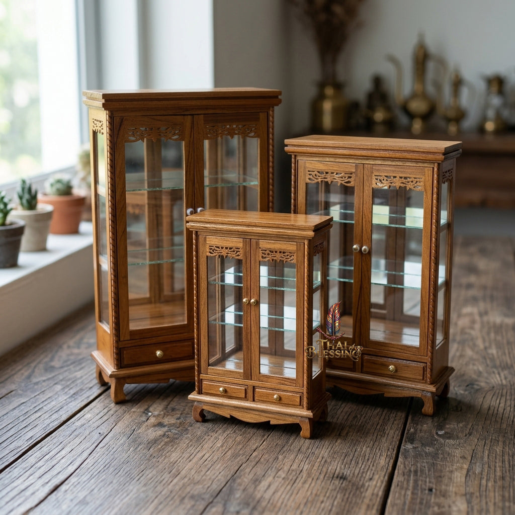 🔱 Handcrafted Miniature Antique Rectangular Golden Teakwood Thai Pattern Showcase: Twin-Door Access – Infinite Optical Mirror-Back Matrix – Premium Insect-Resistant Solid Teak Masterpiece!