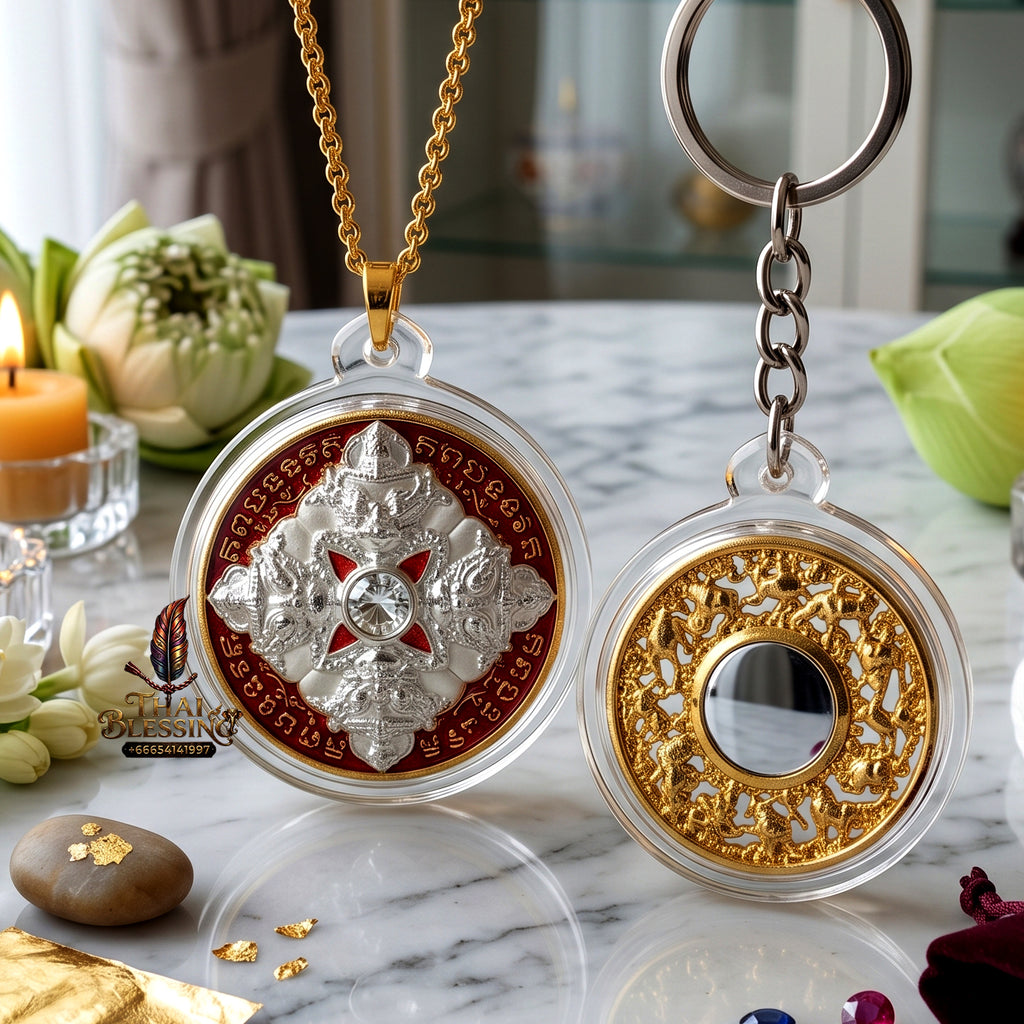 ✨👑🏆 Authentic Thai Amulet Cosmic Capital Sentinel - Phra Khru Sophon Gold-Plated Enamel Rahu Medal, 2019 Wat Phu Khao Thong Core