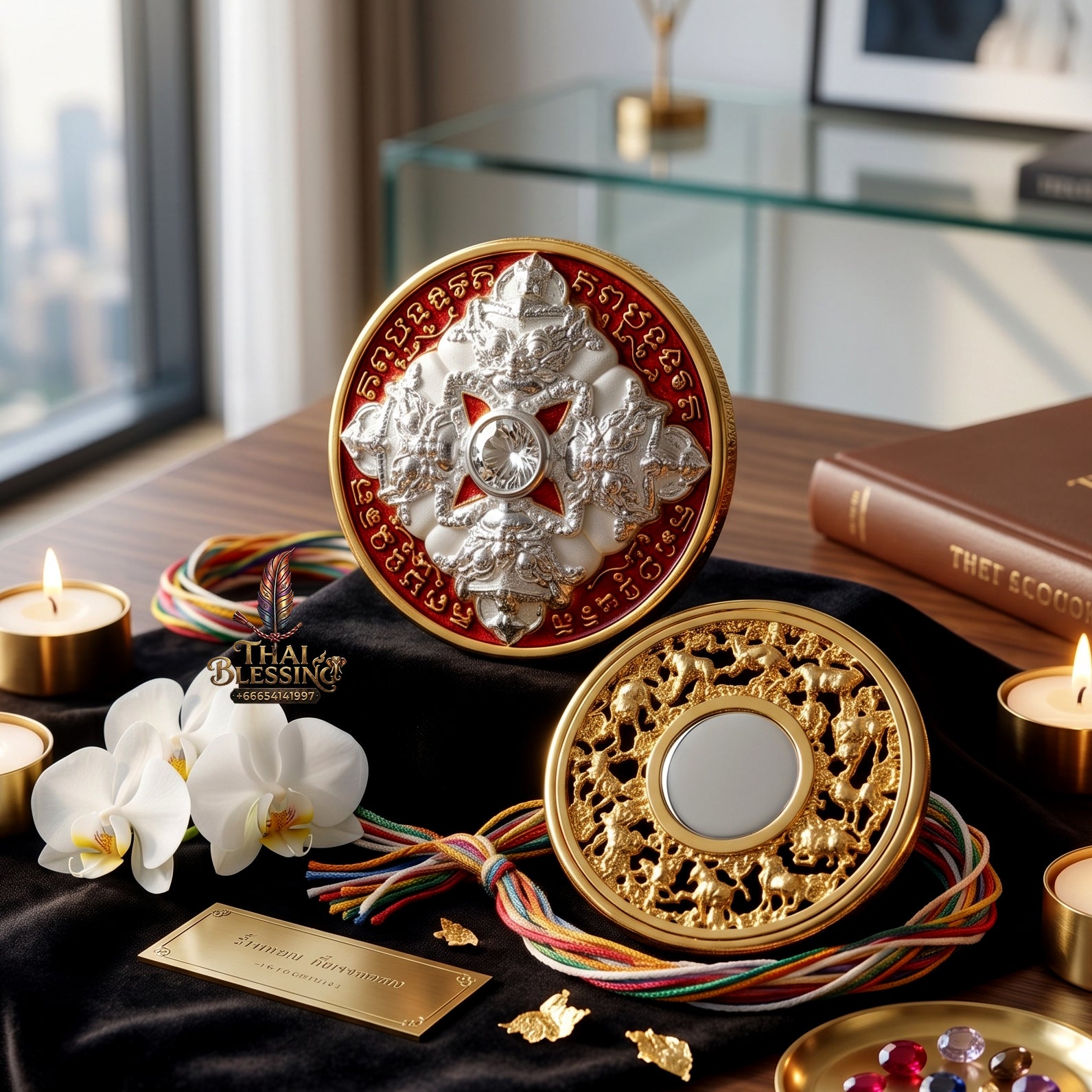 ✨👑🏆 Authentic Thai Amulet Cosmic Capital Sentinel - Phra Khru Sophon Gold-Plated Enamel Rahu Medal, 2019 Wat Phu Khao Thong Core
