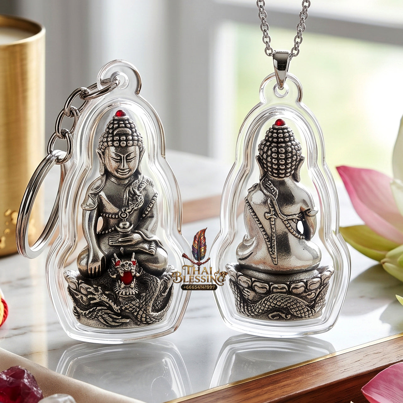 ✨🐉💰 Authentic Thai Amulet Golden Dragon Resonance Core - Luang Pu Nen Kaeo Polished White-Gold Phra Kring, 2016 Benja Mongkol Wealth Asset Waterproof frame