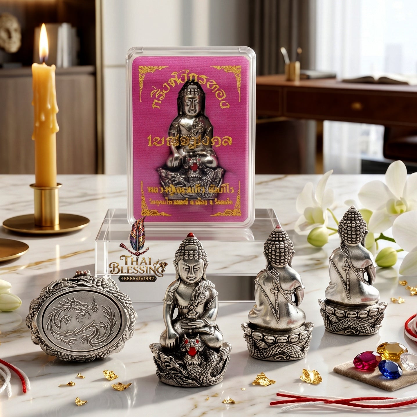 ✨🐉💰 Authentic Thai Amulet Golden Dragon Resonance Core - Luang Pu Nen Kaeo Polished White-Gold Phra Kring, 2016 Benja Mongkol Wealth Asset