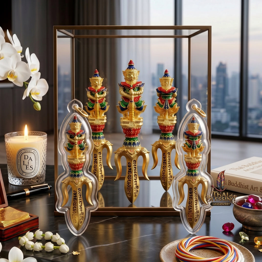 ✨🔱👑 Authentic Thai Amulet Tri-Scepter Node - Sovereign Authority Talisman (3.0x0.8 cm), Luang Phor Phet 2024 Gold-Enamel Asset Shield Standard Edition