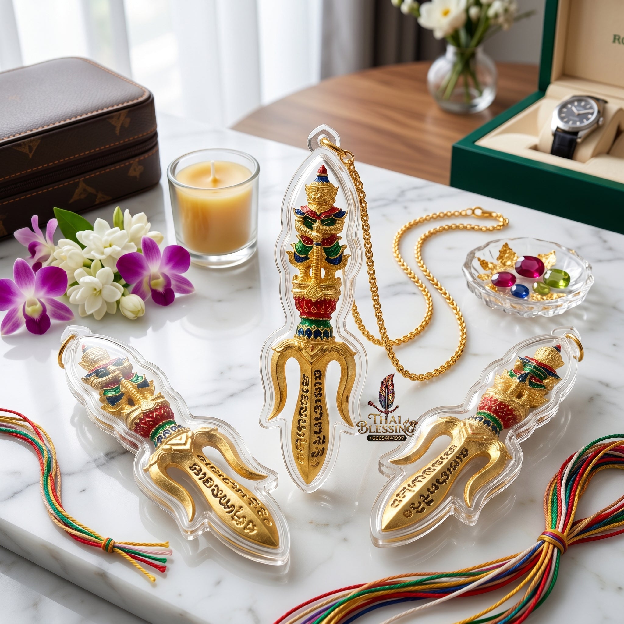 ✨🔱👑 Authentic Thai Amulet Tri-Scepter Node - Sovereign Authority Talisman (3.0x0.8 cm), Luang Phor Phet 2024 Gold-Enamel Asset Shield Waterproof Case