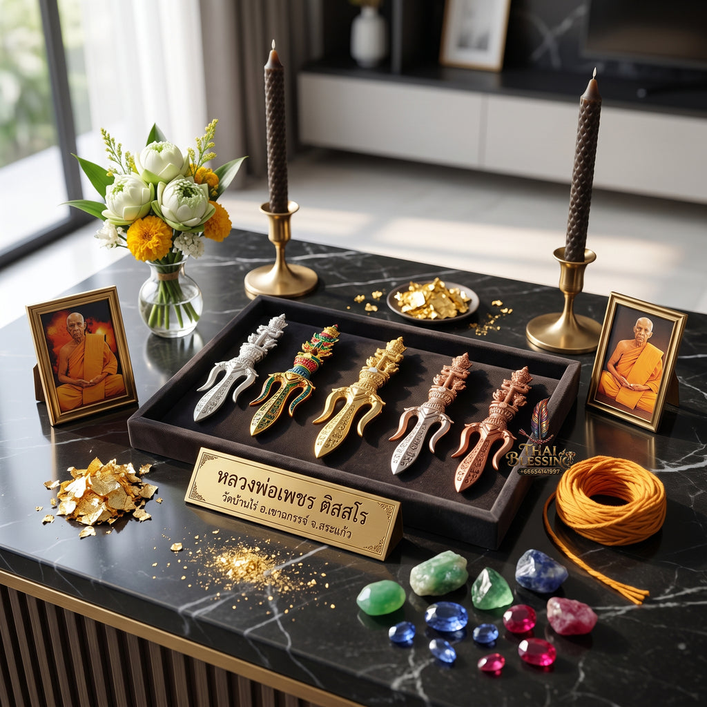 ✨🔱👑 Authentic Thai Amulet Tri-Scepter Node - Sovereign Authority Talisman (3.0x0.8 cm), Luang Phor Phet 2024 Gilded Bell-Bronze Asset Shield