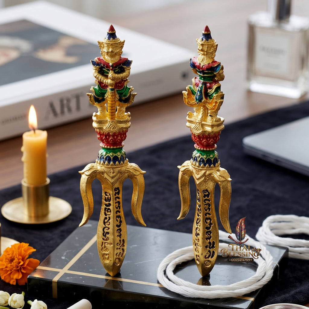 ✨🔱👑 Authentic Thai Amulet Tri-Scepter Node - Sovereign Authority Talisman (3.0x0.8 cm), Luang Phor Phet 2024 Gold-Enamel Asset Shield