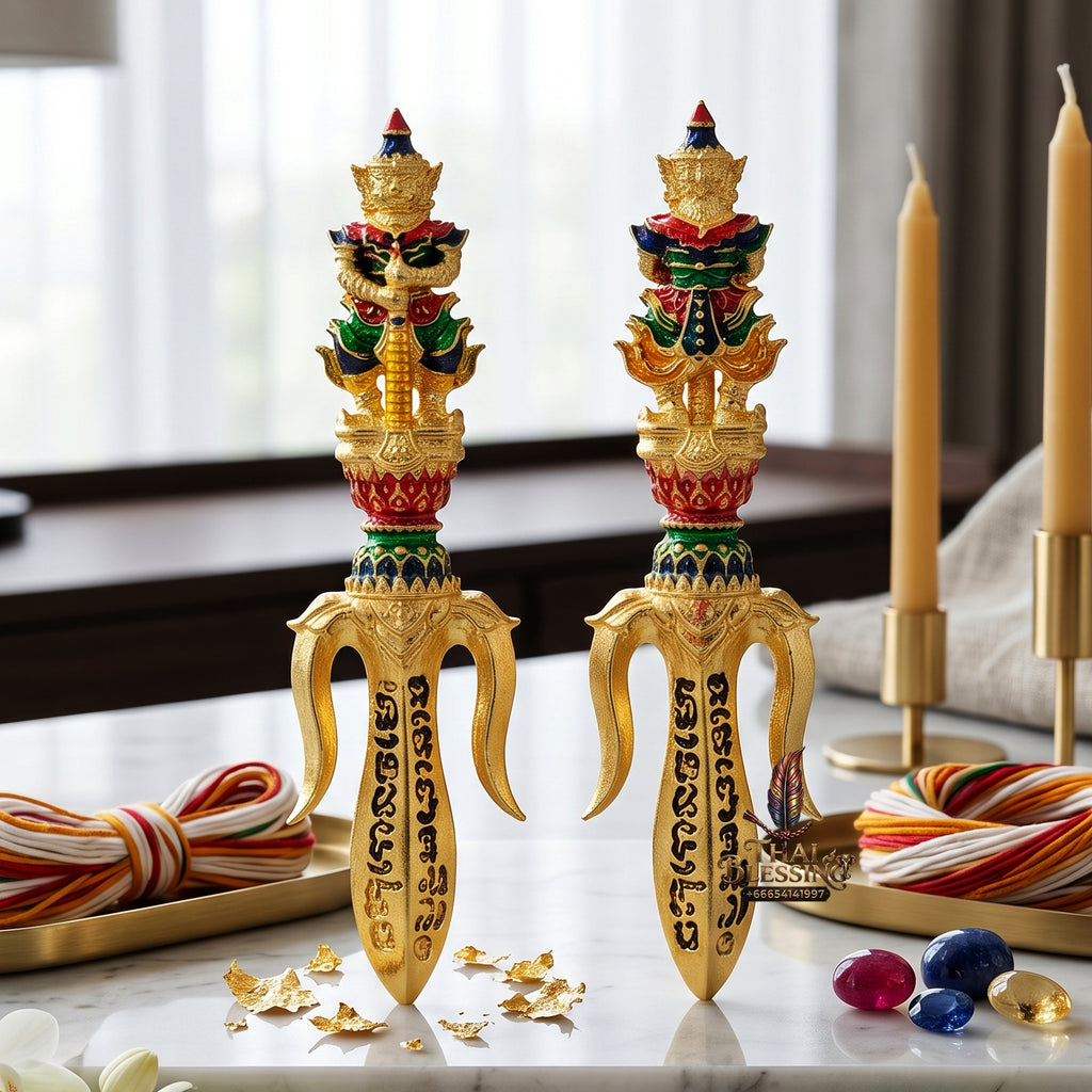 ✨🔱👑 Authentic Thai Amulet Tri-Scepter Node - Sovereign Authority Talisman (3.0x0.8 cm), Luang Phor Phet 2024 Gold-Enamel Asset Shield
